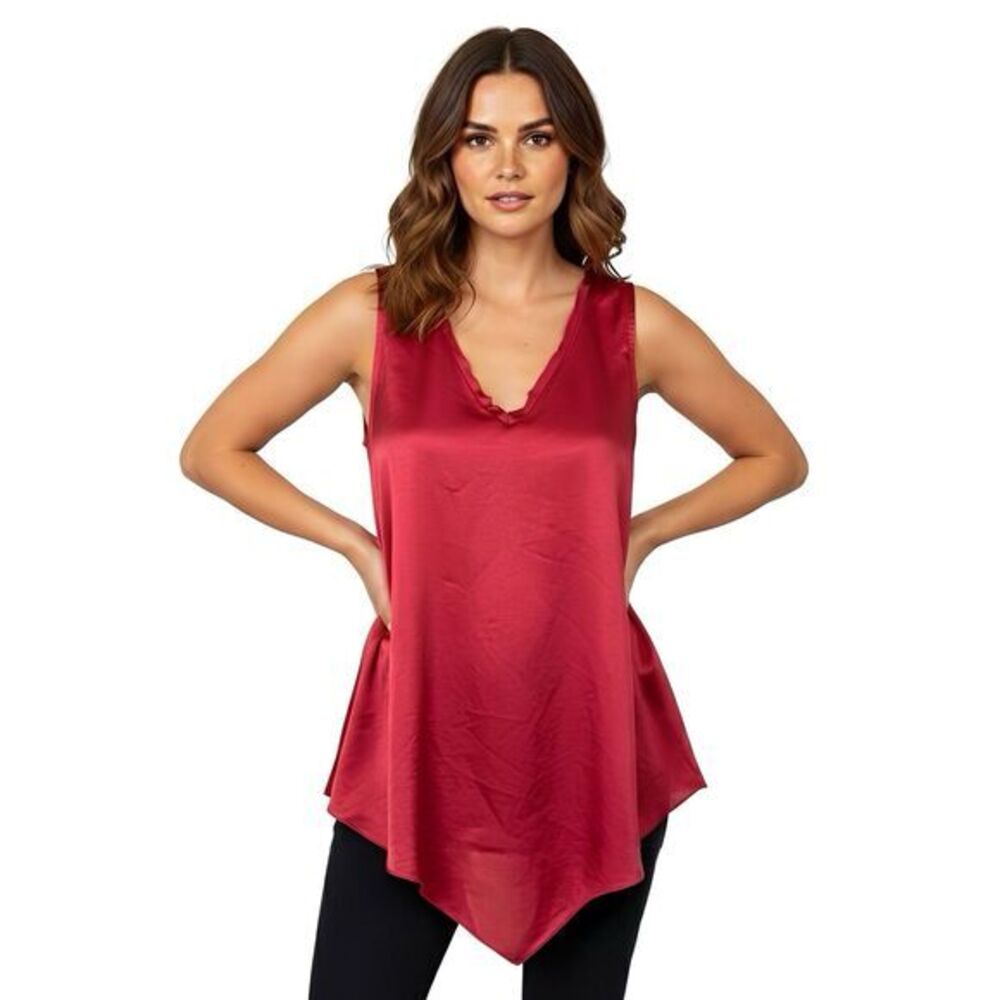 Lilla P Womens Tank Top Sz XL Satin Red Shark Bite Hem Holiday Christmas Edgy